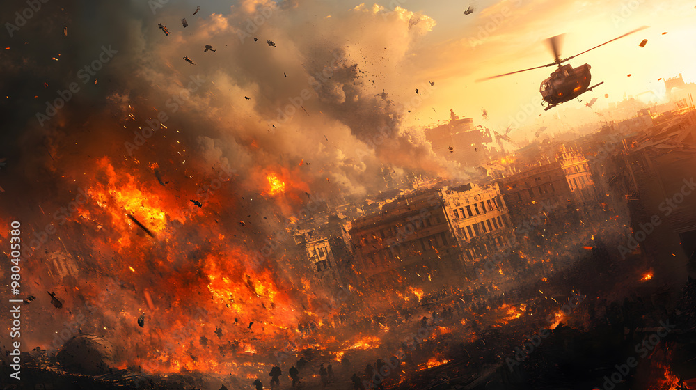 A dramatic war battle scene with soldiers in trenches, explosions ...