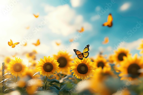 Field of sunflowers under a bright blue sky with butterflies flying around, 3D illustration
