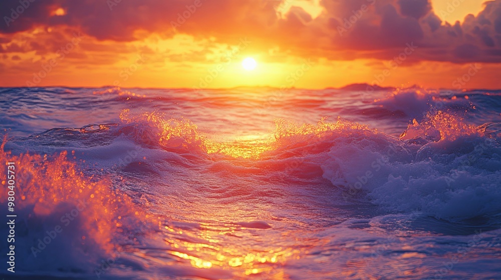 Sunset Over Ocean Waves with Golden Light Reflecting Sunset Over Ocean Waves with Golden Light Reflecting