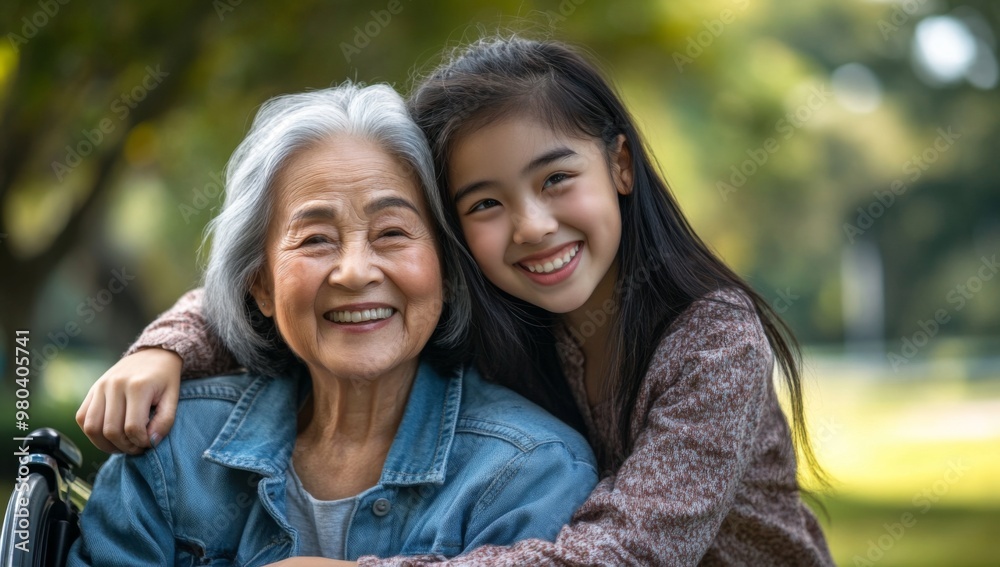 close-up photo of happy asian grandmother in wheelchair with her granddaughter in park close-up photo of happy asian grandmother in wheelchair with her granddaughter in park