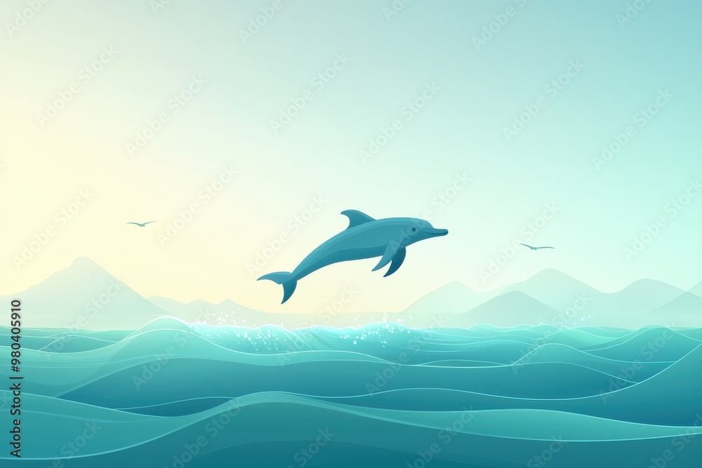 Fototapeta premium Dolphin jumping out of the ocean waves against a serene background