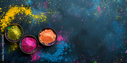 Colorful Holi Powder in Bowls on Dark Textured Background