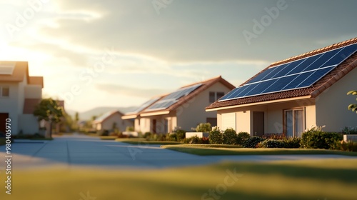 A serene neighborhood scene showcasing modern homes equipped with solar panels under a warm sunset sky. photo