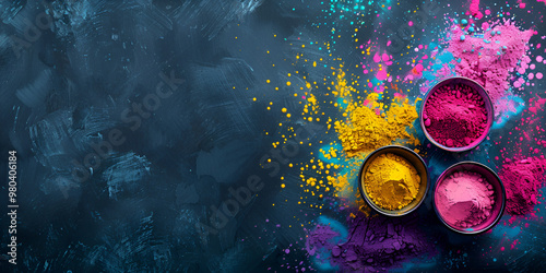 Colorful Holi Powder in Bowls on Dark Textured Background