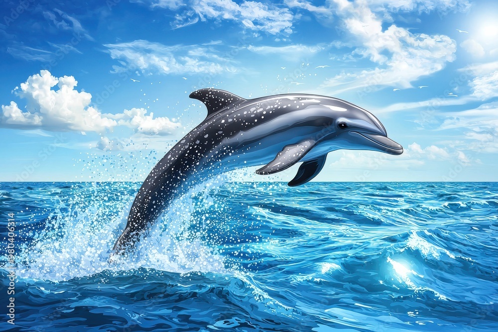 Fototapeta premium Dolphin leaping out of blue ocean waves against cloudy sky