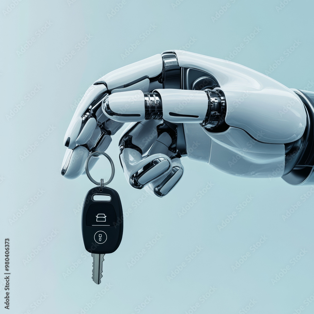 A robot hand holding a car key symbolizes the concept of an autonomous car. Future technology representation. A robot hand holding a car key symbolizes the concept of an autonomous car. Future technology representation.