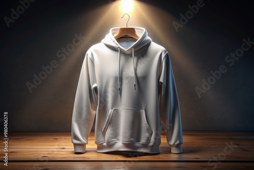 A blank white hoodie with a mockup design template displayed on a studio table, perfectly lit and angled for custom product branding and advertising. photo