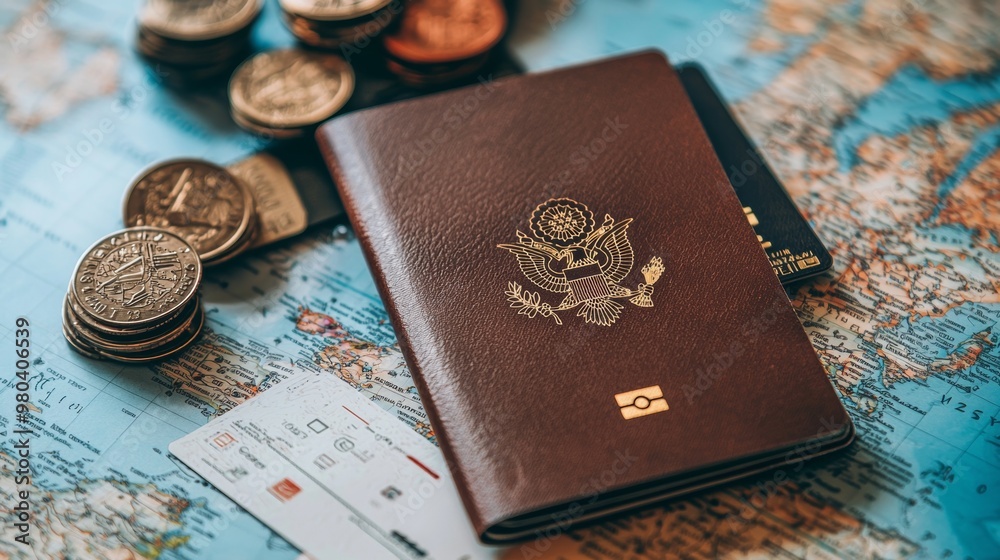 Passport on a Map with Coins and Boarding Pass Travel Concept Passport on a Map with Coins and Boarding Pass Travel Concept
