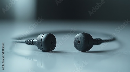 Close-up of black earbuds on a smooth surface. photo