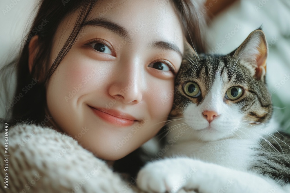 an Asian woman posing with her cat an Asian woman posing with her cat