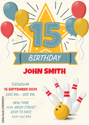 Children's birthday invitation card with bowling ball and pins. Vector illustration. 15 st