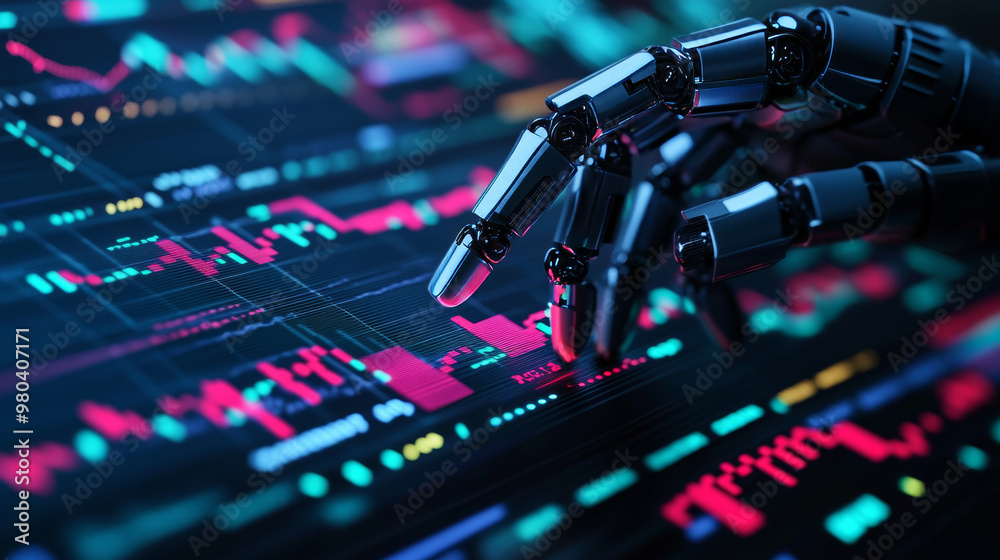 A robot or cyborg hand taps on a chart displaying trading data from the forex stock exchange. The app or software, equipped with artificial intelligence, analyzes business financial information .