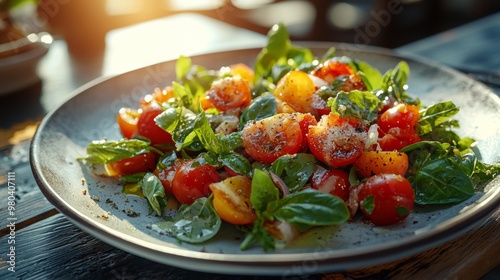 Fresh Tomato and Basil Salad with Olive Oil and Spices on a Plate