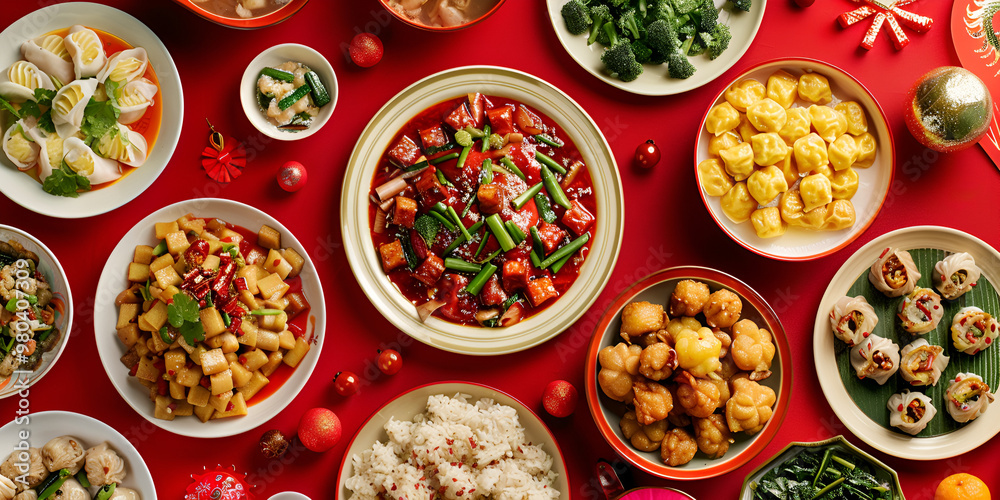 Assorted Chinese Dishes in a Festive Setting Assorted Chinese Dishes in a Festive Setting