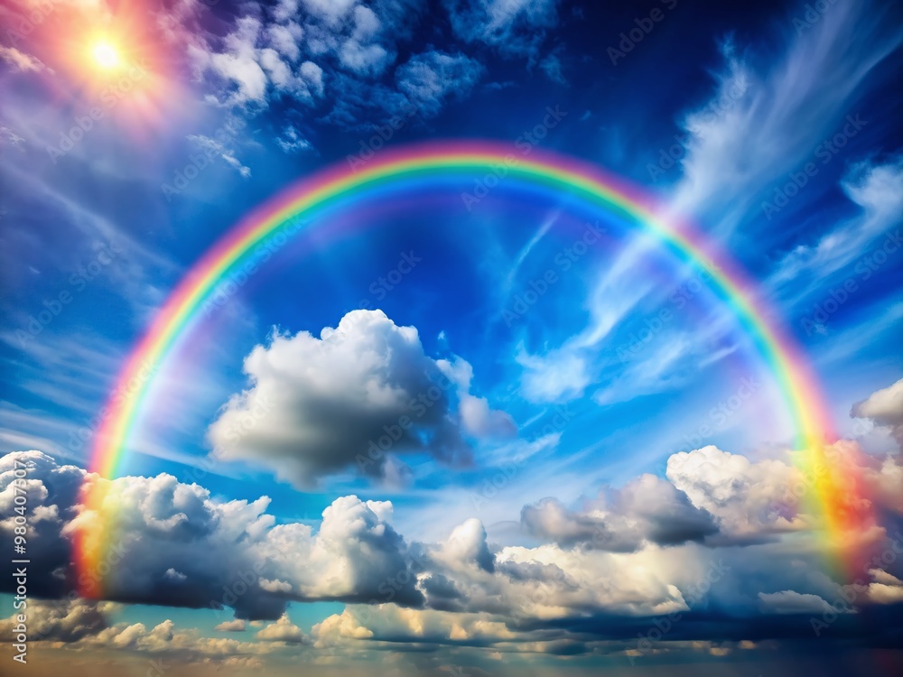 Vibrant colorful rainbow appears in the clouds against a soft blue sky with subtle misty texture and gentle wispy cirrus clouds in the background. Vibrant colorful rainbow appears in the clouds against a soft blue sky with subtle misty texture and gentle wispy cirrus clouds in the background.
