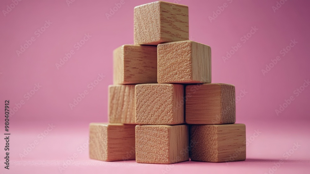 Stacked Wooden Blocks on a Pink Background