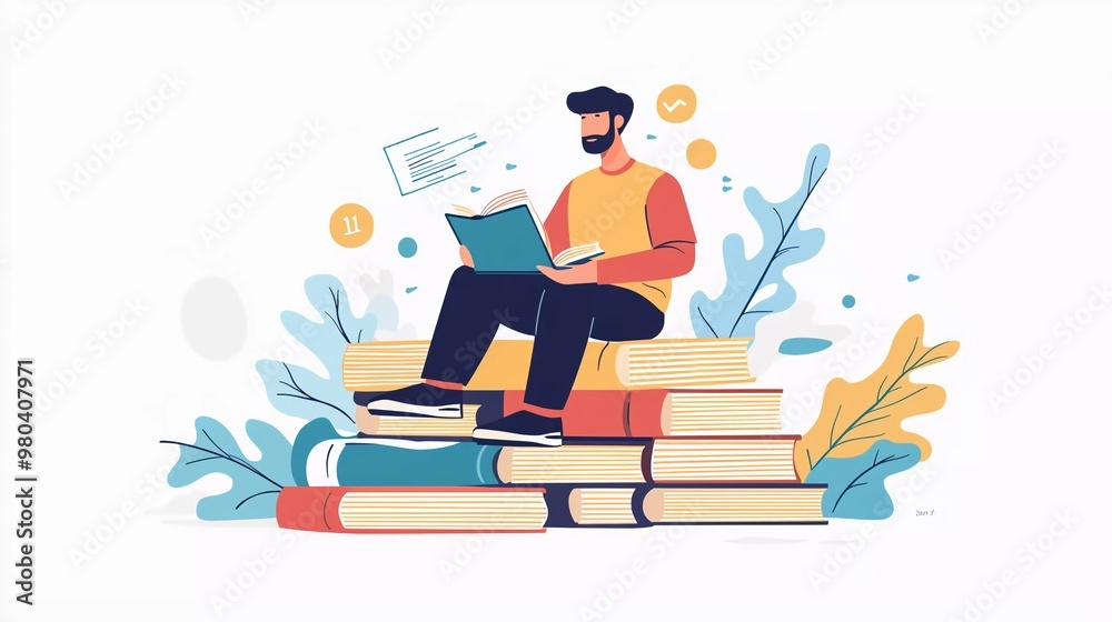 man sitting on a pile of books. Concept illustration of online courses, distance learning, self-education, great digital library man sitting on a pile of books. Concept illustration of online courses, distance learning, self-education, great digital library