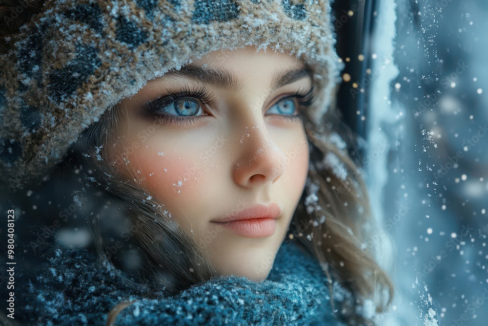 mythical elaphocentaur half woman half deer gazing out snowy window ethereal winter scene blending fantasy and seasonal imagery mythical elaphocentaur half woman half deer gazing out snowy window ethereal winter scene blending fantasy and seasonal imagery