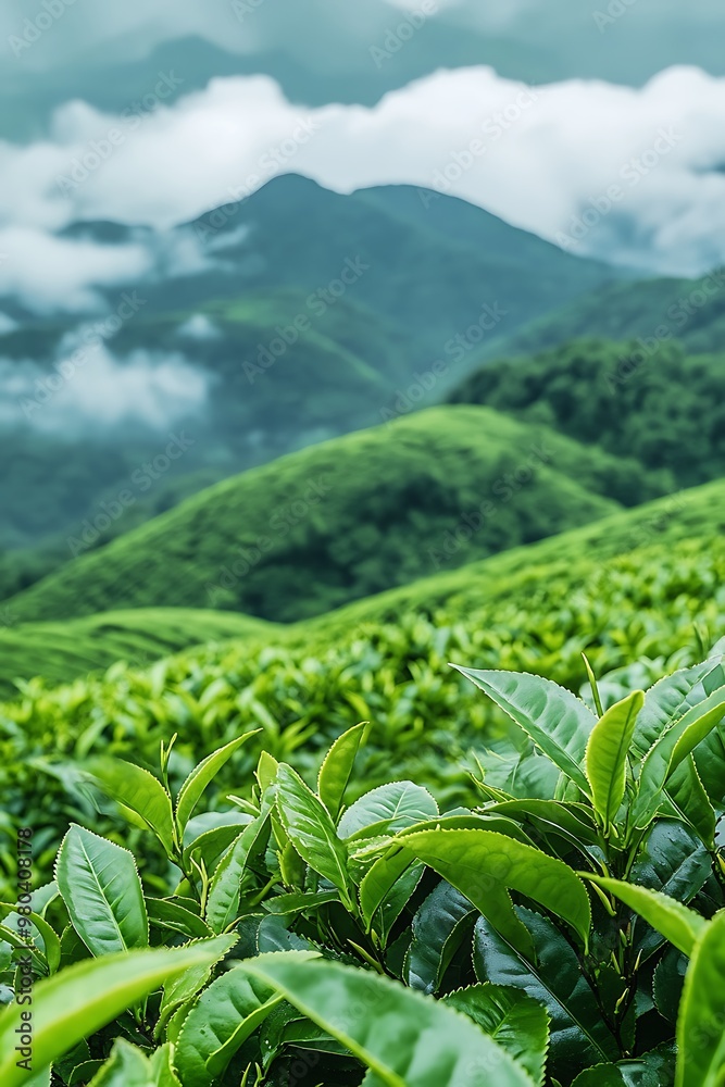 Lush green tea plantation in rolling hills with cloudy mountains in the background. Lush green tea plantation in rolling hills with cloudy mountains in the background.