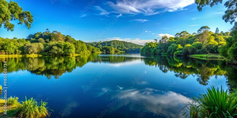 Serene and tranquil lake with still water, surrounded by lush greenery and clear blue sky Serene and tranquil lake with still water, surrounded by lush greenery and clear blue sky