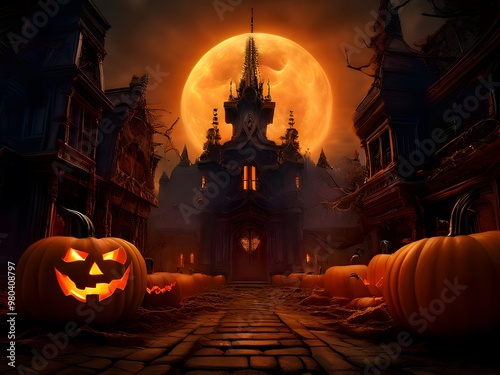 Halloween background with pumpkins, haunted house and moon in the sky photo