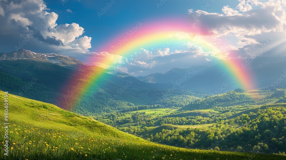 Rainbow Over Mountain Valley Landscape Rainbow Over Mountain Valley Landscape