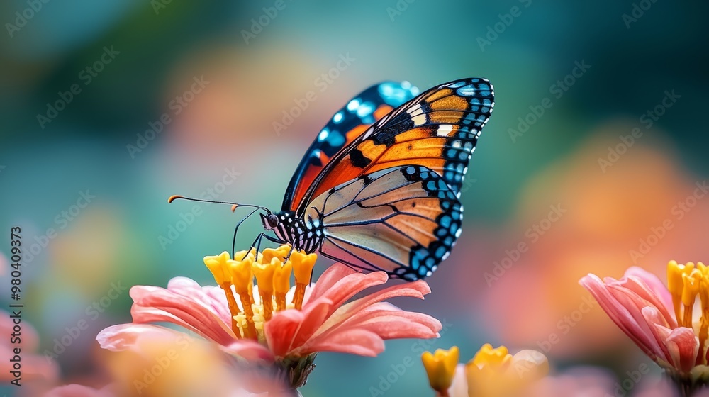 Colorful Butterfly on Pink Flower in Garden Colorful Butterfly on Pink Flower in Garden