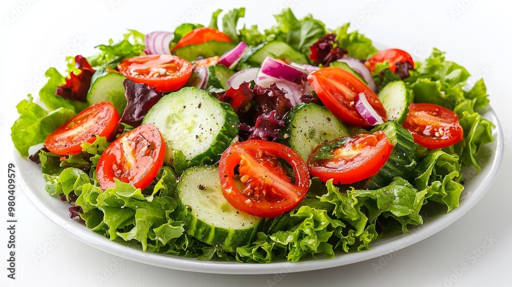 Fresh Green Salad with Tomatoes Cucumbers and Red Onion Fresh Green Salad with Tomatoes Cucumbers and Red Onion