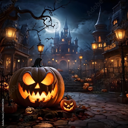 Halloween background with pumpkins, haunted house and moon in the sky photo