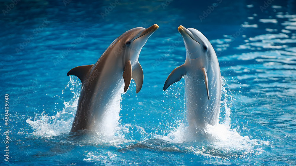 Naklejka premium Joyful dolphins dance through the sparkling, azure ocean