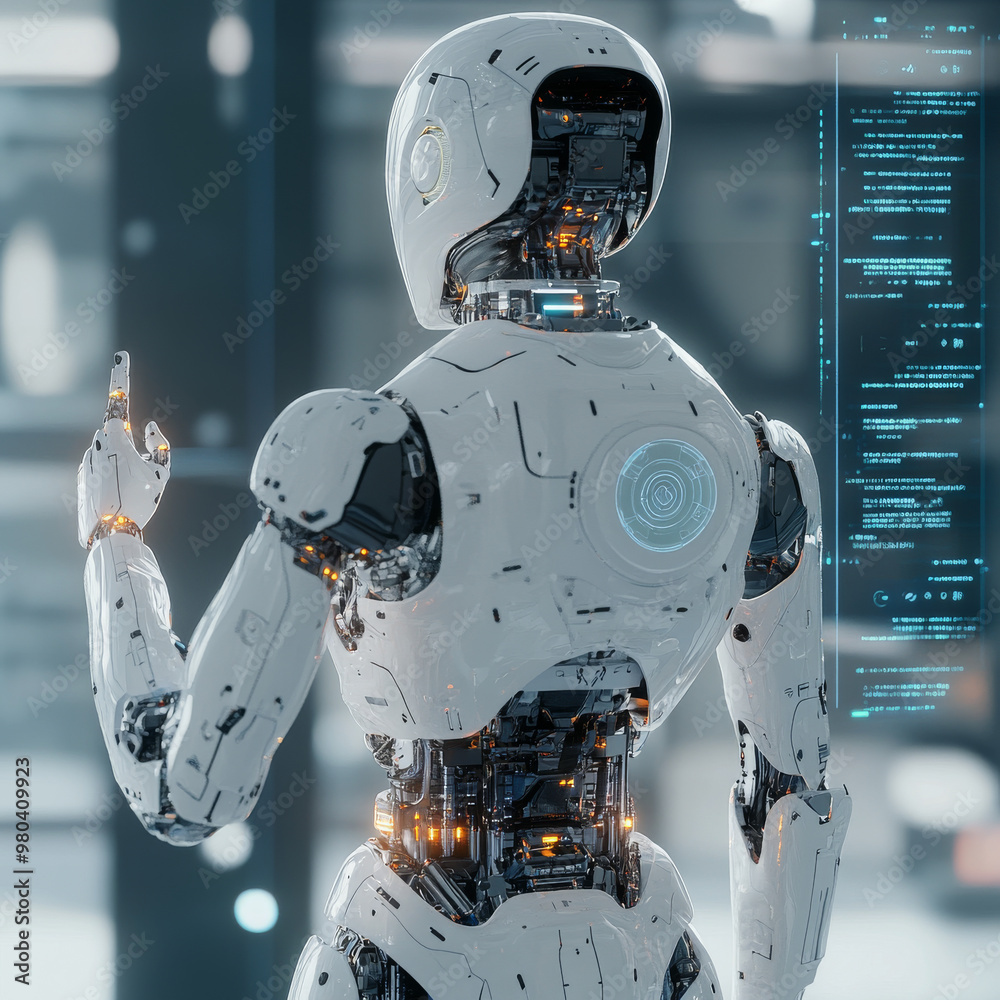 A robot with AI stands with its back to the viewer, interacting with an industrial 3D virtual interface. From a rear view, the cyborg taps a button on a holographic touch screen while observing . A robot with AI stands with its back to the viewer, interacting with an industrial 3D virtual interface. From a rear view, the cyborg taps a button on a holographic touch screen while observing .
