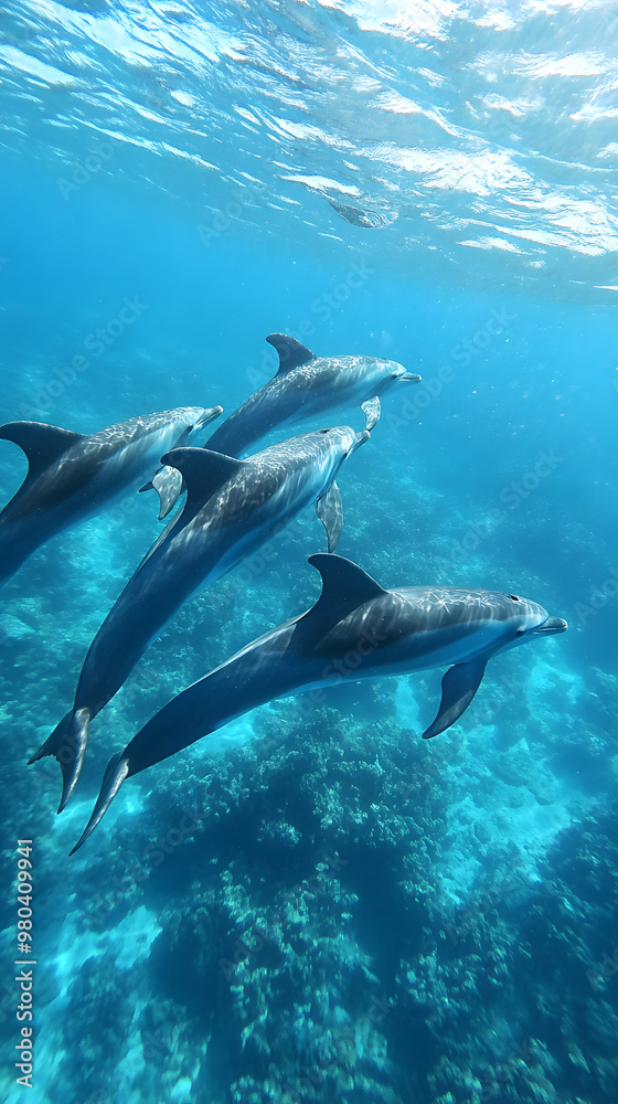 Joyful dolphins dance through the sparkling, azure ocean Joyful dolphins dance through the sparkling, azure ocean