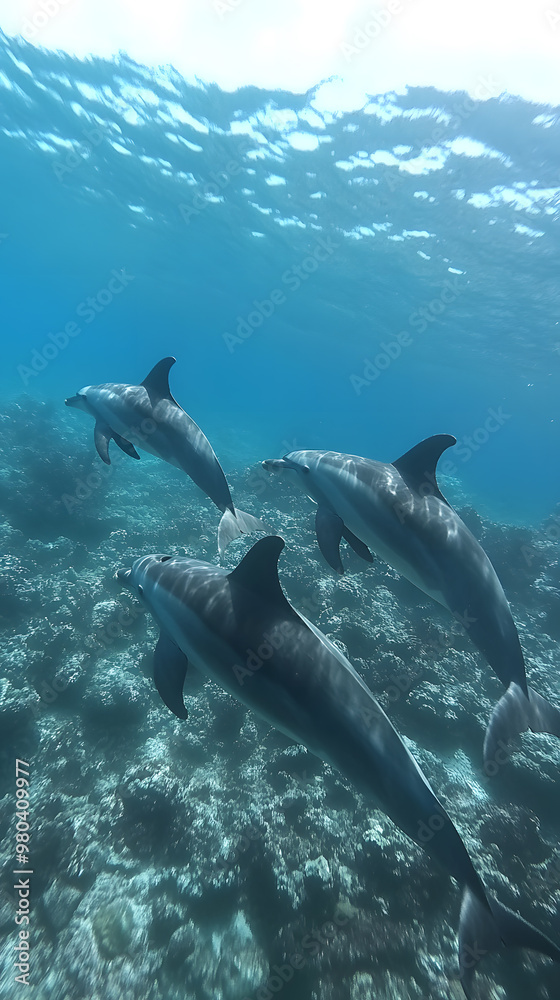 Joyful dolphins dance through the sparkling, azure ocean Joyful dolphins dance through the sparkling, azure ocean