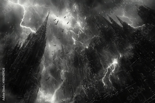 Dramatic landscape with dark storm clouds, lightning bolts, and ominous atmosphere