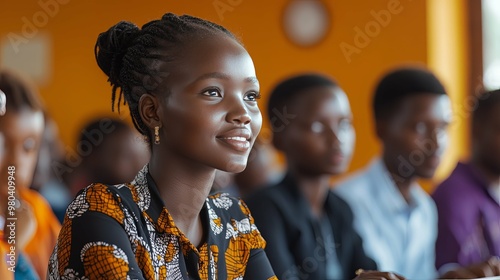 Young Woman in a Classroom Setting Looking Up with a Hopeful Expression photo