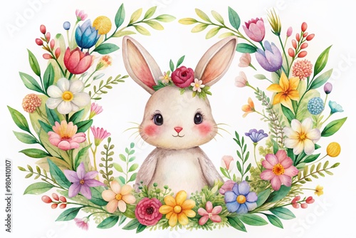 Whimsical watercolor illustration of adorable Easter bunny surrounded by vibrant floral wreath, colorful flowers, leaves, and branches, perfect for Easter greeting cards and backgrounds.