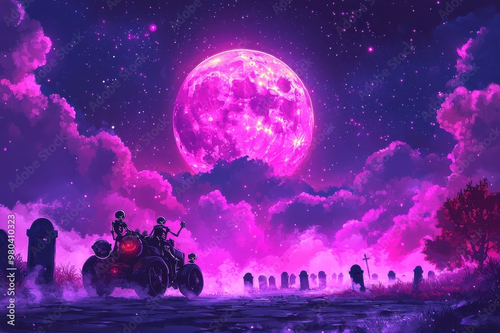 Dramatic landscape with large pink moon surrounded by clouds and silhouetted figures Dramatic landscape with large pink moon surrounded by clouds and silhouetted figures