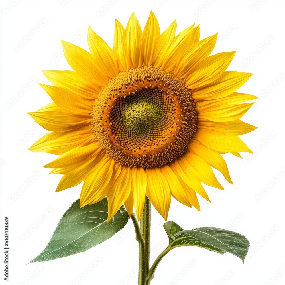 Fototapeta premium A vibrant sunflower showcasing its bright yellow petals and intricate seed pattern, embodying summer's beauty and warmth.