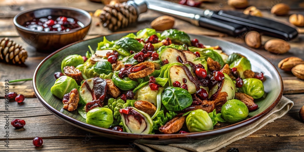 Freshly prepared Brussels sprouts salad on a rustic wooden table, topped with crispy walnuts, sweet dried cranberries, and drizzled with rich balsamic glaze. Freshly prepared Brussels sprouts salad on a rustic wooden table, topped with crispy walnuts, sweet dried cranberries, and drizzled with rich balsamic glaze.