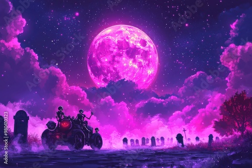 Dramatic landscape with large pink moon surrounded by clouds and silhouetted figures