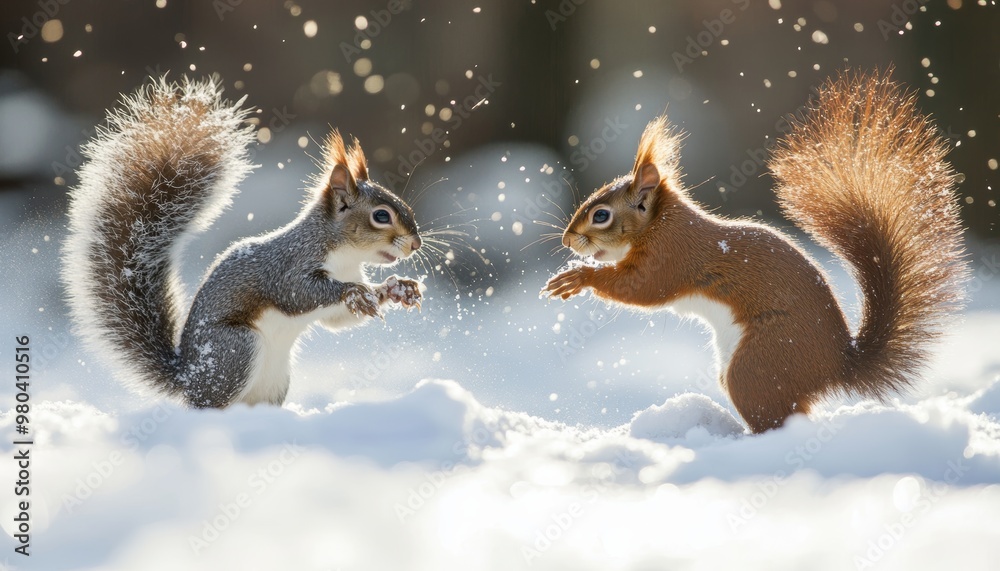 Charming winter scene of two squirrels playing in the snow amidst a cold landscape Charming winter scene of two squirrels playing in the snow amidst a cold landscape