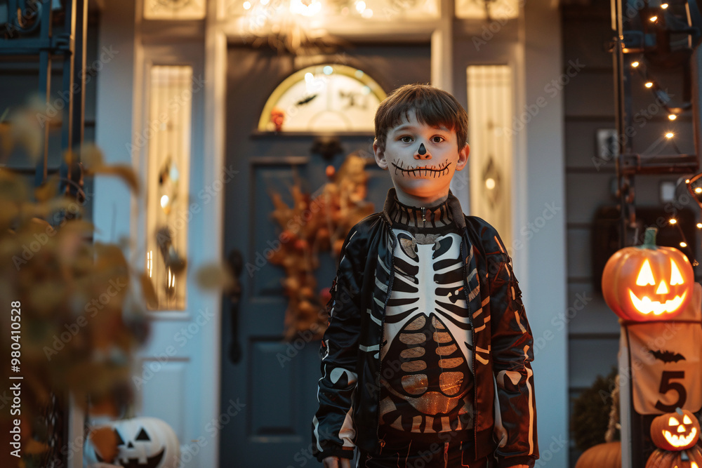 Obraz premium boy with sceleton costume and house with halloween decor