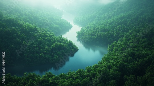 Aerial View of a Serene River Winding Through Lush Green Forest with Fog