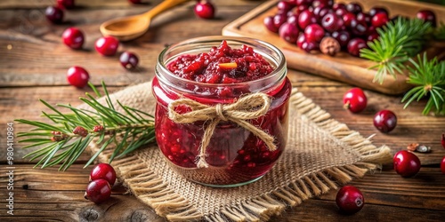 Freshly made cranberry relish filled to the brim in a rustic mason jar, adorned with a crimson ribbon, sits atop a burlap-covered wooden table.