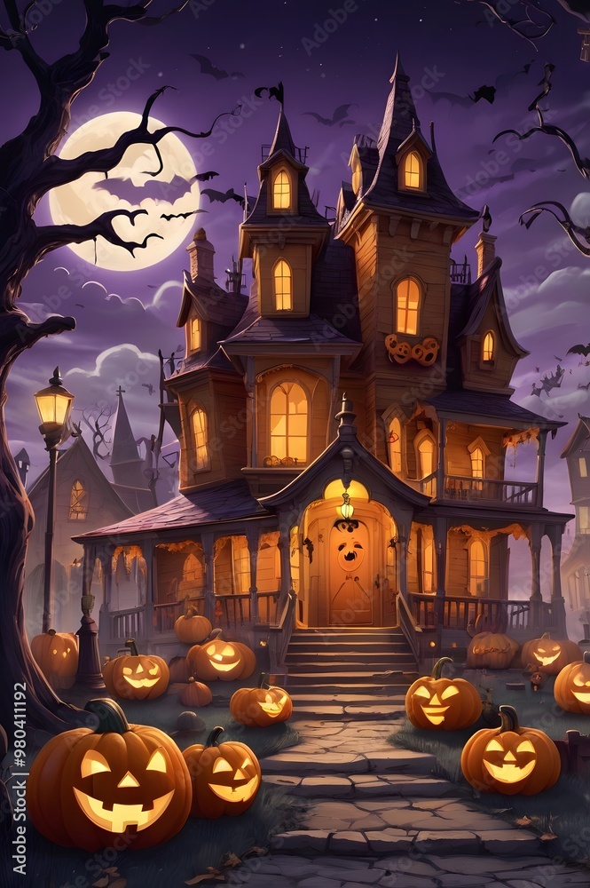Halloween background with pumpkins, haunted house and moon in the sky Halloween background with pumpkins, haunted house and moon in the sky