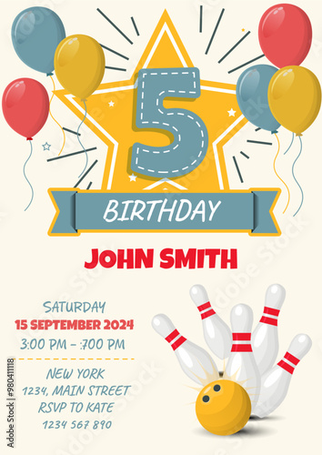 Children's birthday invitation card with bowling ball and pins. Vector illustration.  5 st