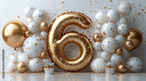 Festive display featuring a large golden number 6 and balloons. photo