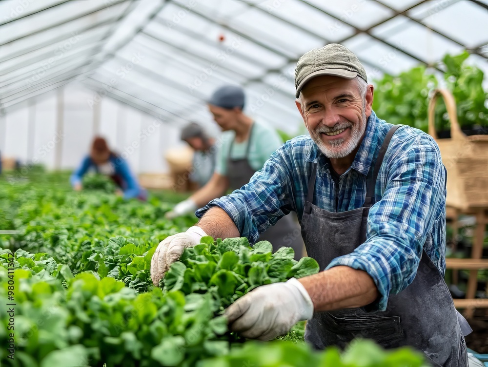 Fototapeta premium Happy Senior Man Collaborates with Family in Thriving Greenhouse Business, Championing Organic Food, Teamwork, and Sustainable Agriculture Practices