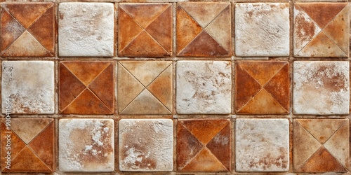 Rustic terracotta tiles with earthy brown and white tones, featuring a heavily textured, worn appearance, perfect for adding warmth to interior walls or floors décor. photo