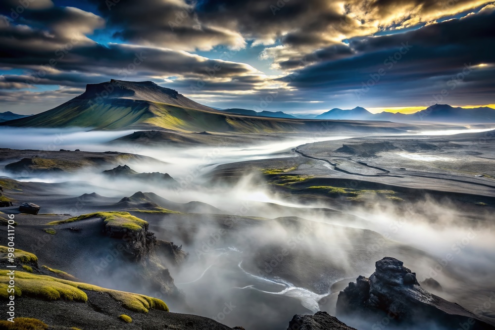 Naklejka premium Mysterious veil of fog shrouds the dark, glossy obsidian ground, casting an air of secrecy and mystical beauty in the desolate, eerie landscape.